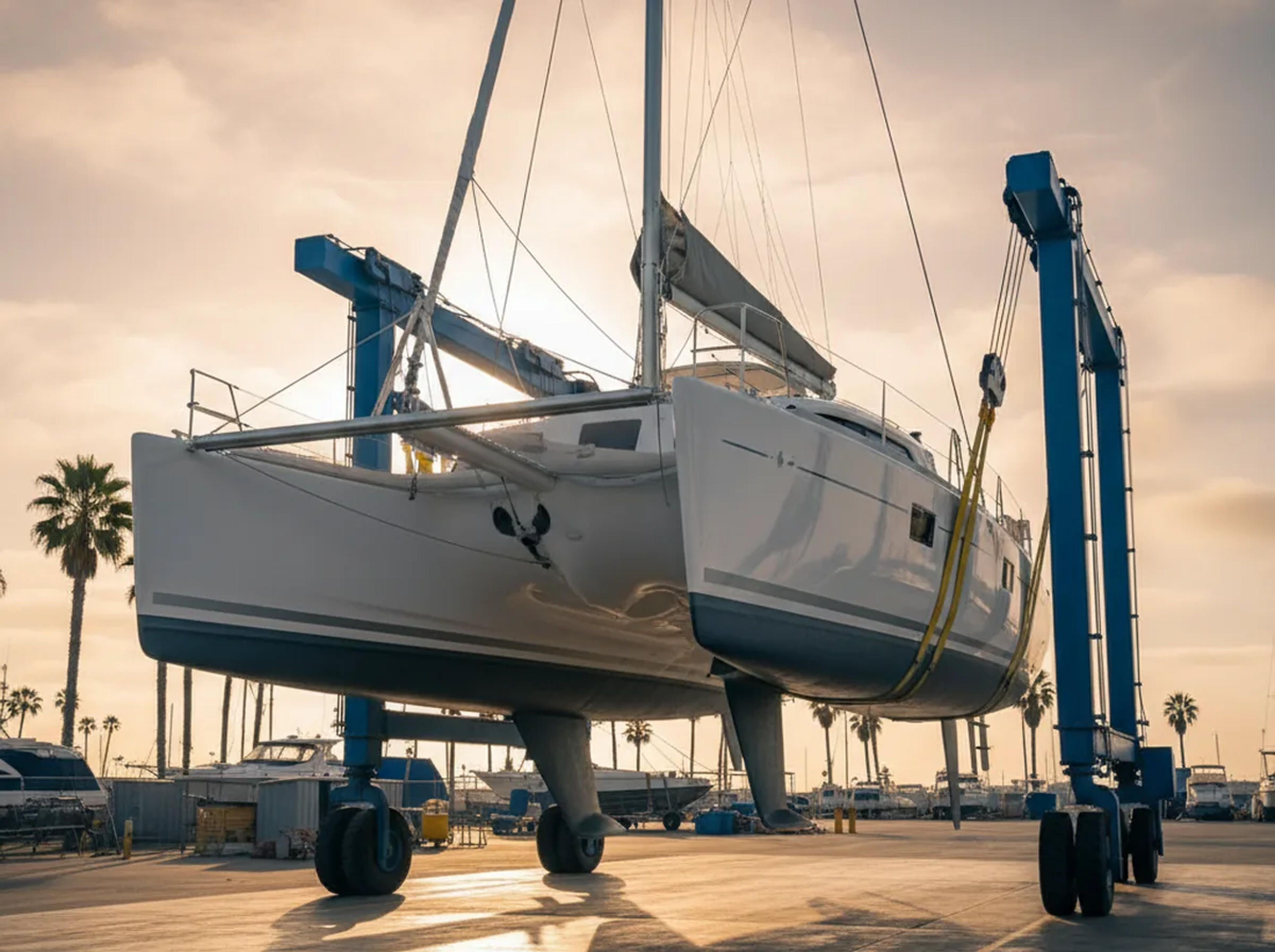 Sailing catamaran hauled out on a travel lift for survey and hull inspection