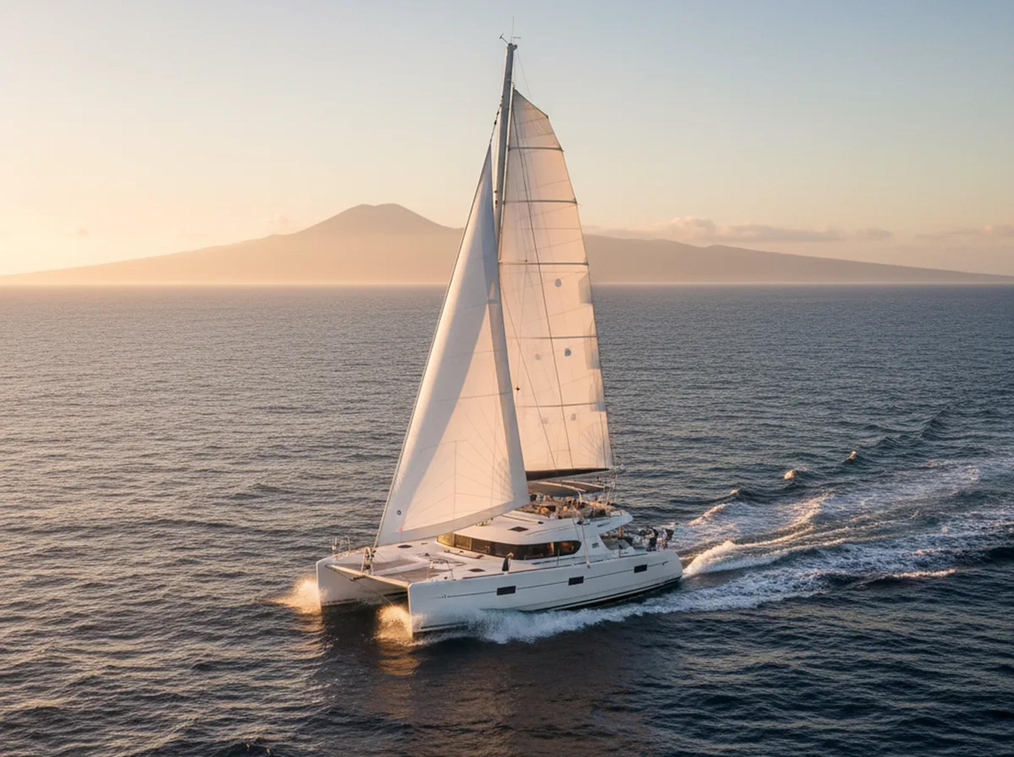 Catamaran sailing offshore with a distant island silhouette on the horizon