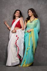 Cheerful Ivory White Mul Cotton saree with Scarlet Red tassels | By Nikunj Khatri 2025 – LuckShri thumbnail 4