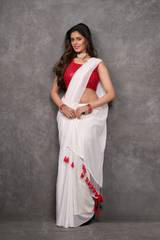 Cheerful Ivory White Mul Cotton saree with Scarlet Red tassels | By Nikunj Khatri 2025 – LuckShri thumbnail 5