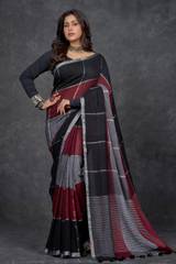 Playful Pure Cotton Linen With Black, Maroon, Grey Checks | Saree By Nikunj Khatri 2025 – LuckShri thumbnail 2