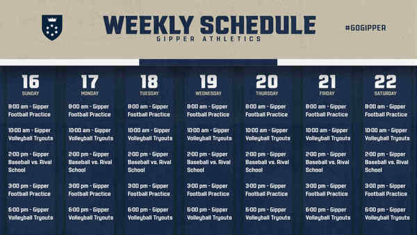 Gipper Athletics Weekly Sports Schedule