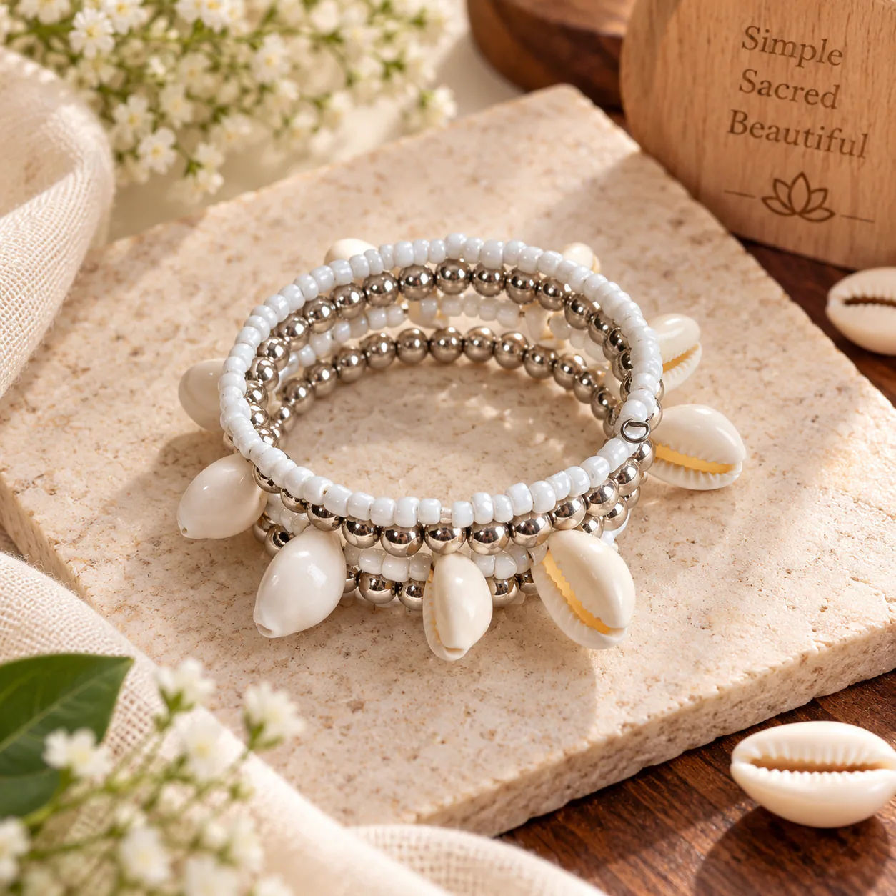 Artificial White & Silver Cowrie Shell Kangan Set | 2 Pieces
