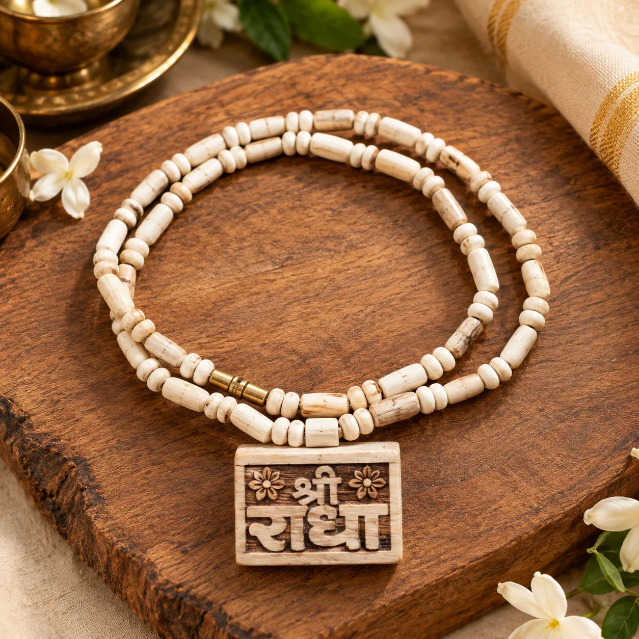 Shri Radha Wooden Beads Mala with Carved Radha Locket – Handmade Double Round Necklace