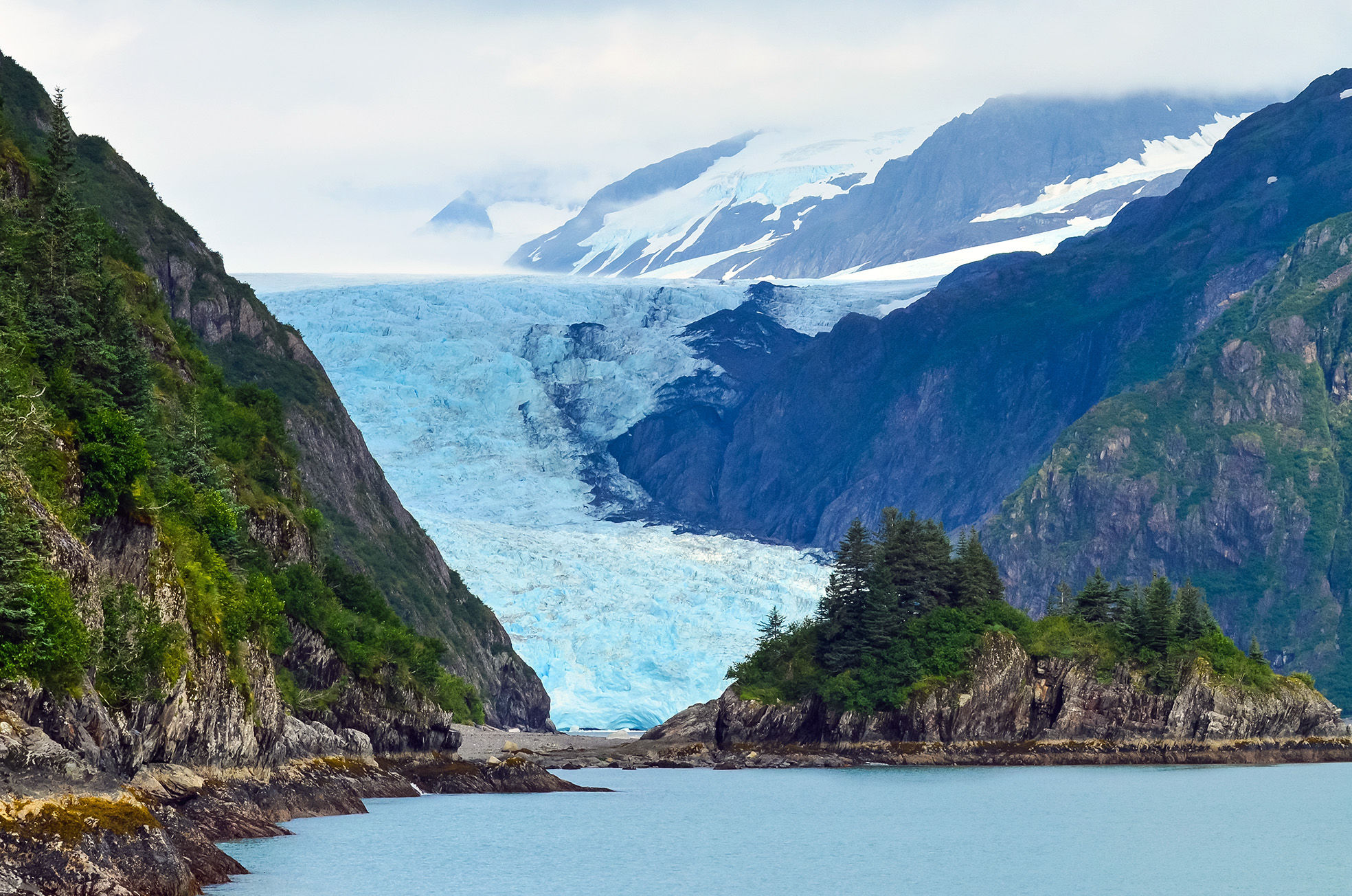 Distant view of a Holgate glacier in Kenai fjords National Park, Seward, Alaska