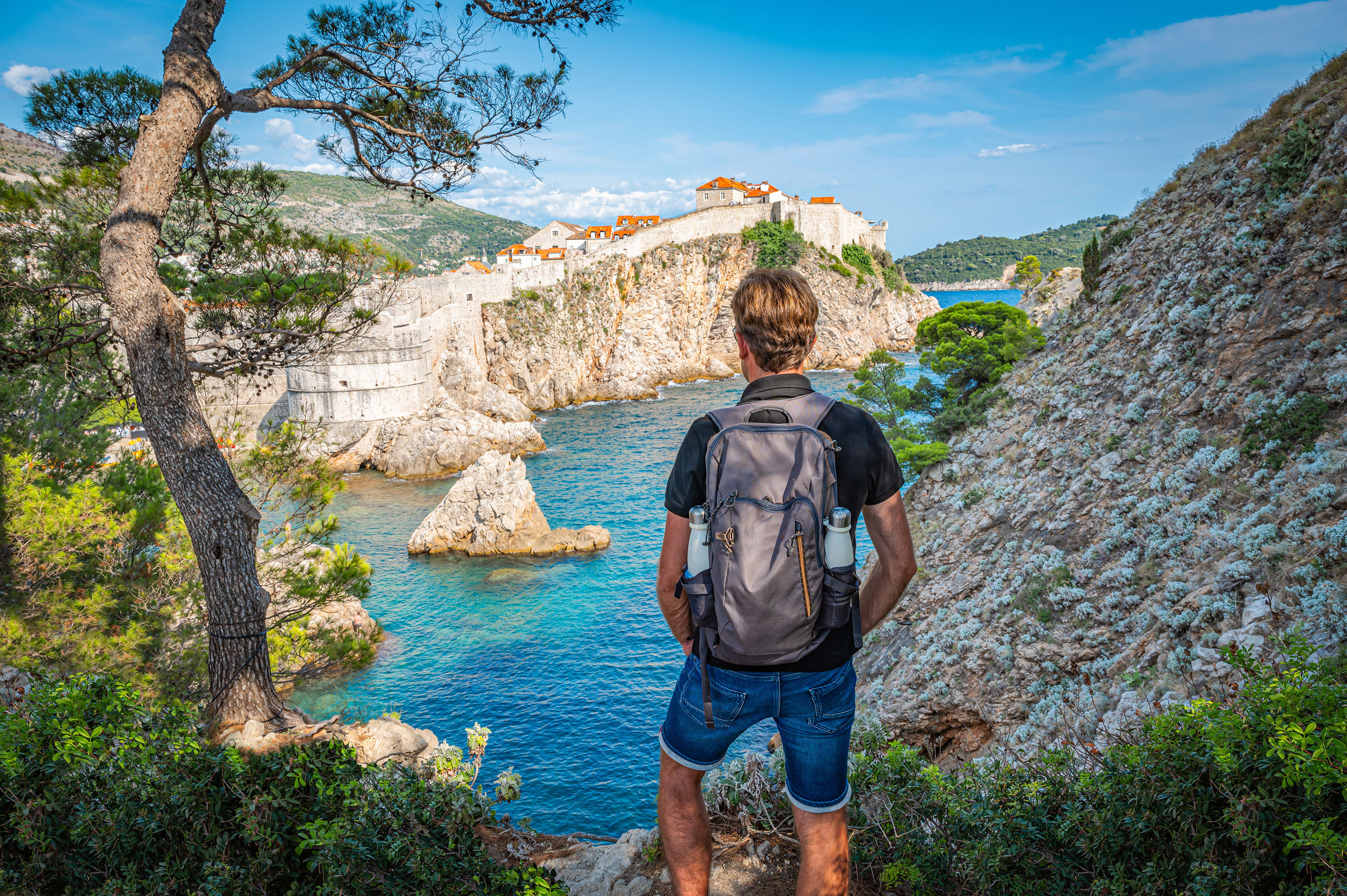 Backpacker the Viewpoint of Old Fortress in Dubrovnik, Croatia