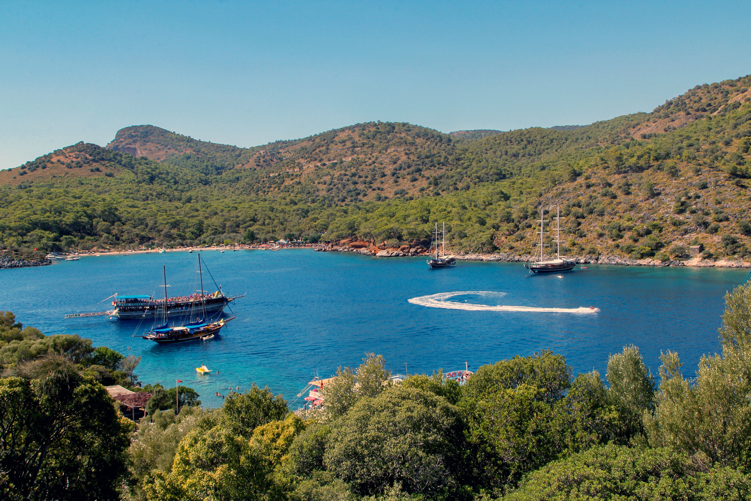 Brown gulet moored in Aegean Sea, Fethiye, Turkey