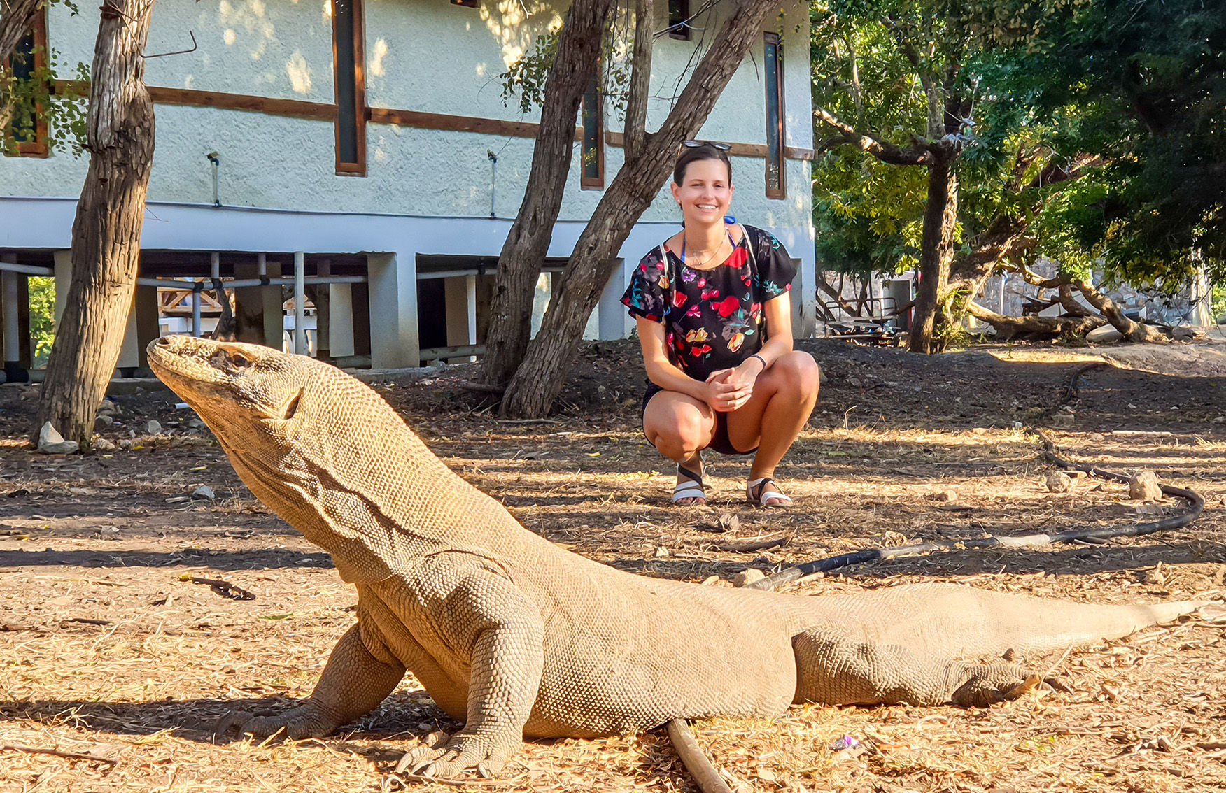 A woman posing with Komodo Dragon