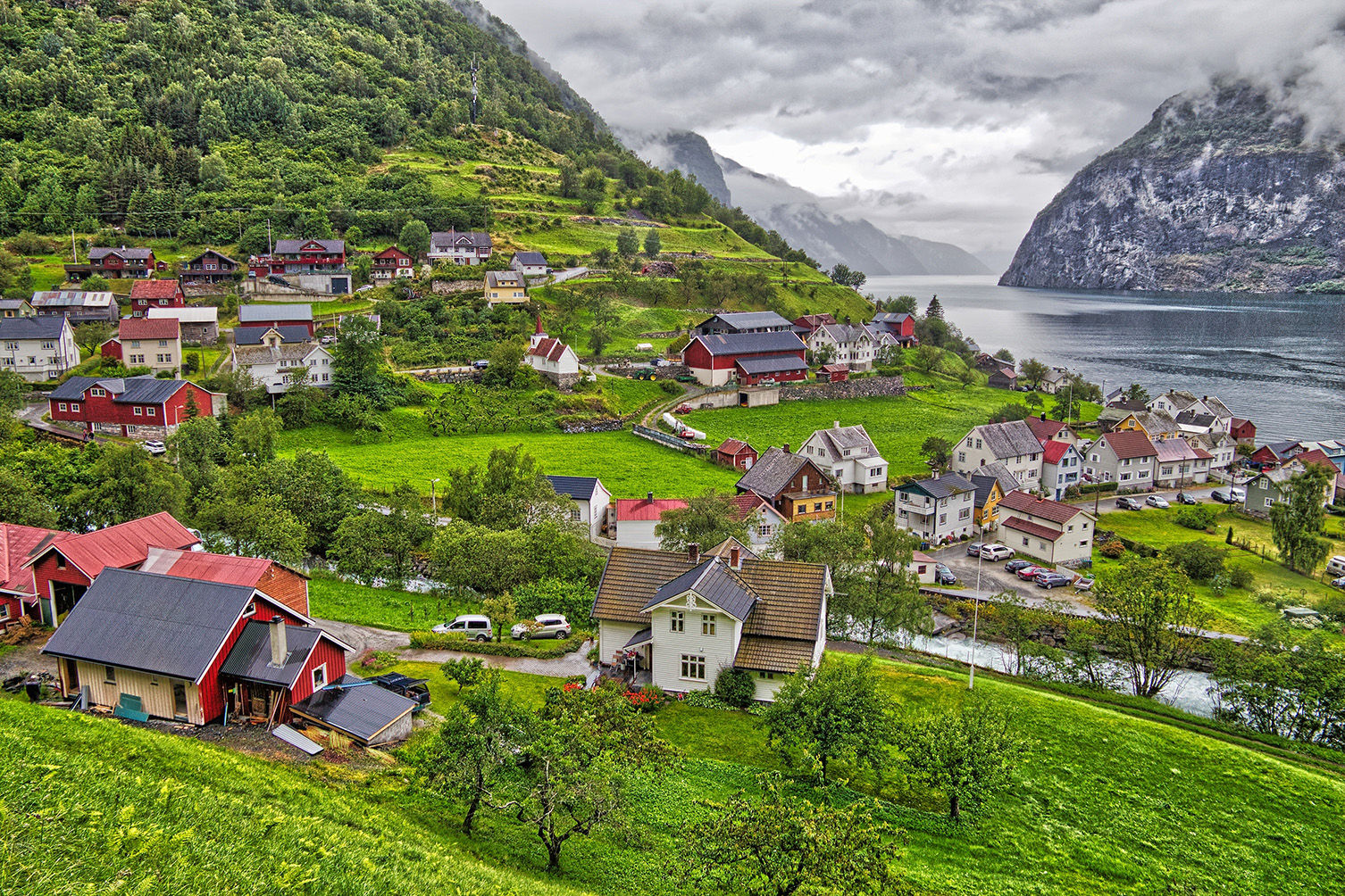 Norway fiord landscape - Aurlandsfjord, part of Sognefjord. Town of Undredal.