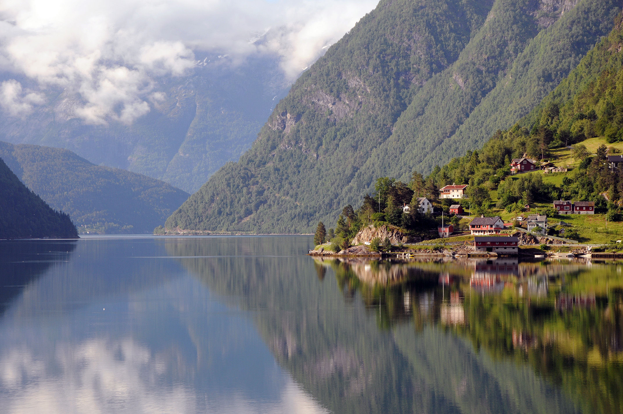 Morning mist on Hardangerfjord at Ulvik, Norway