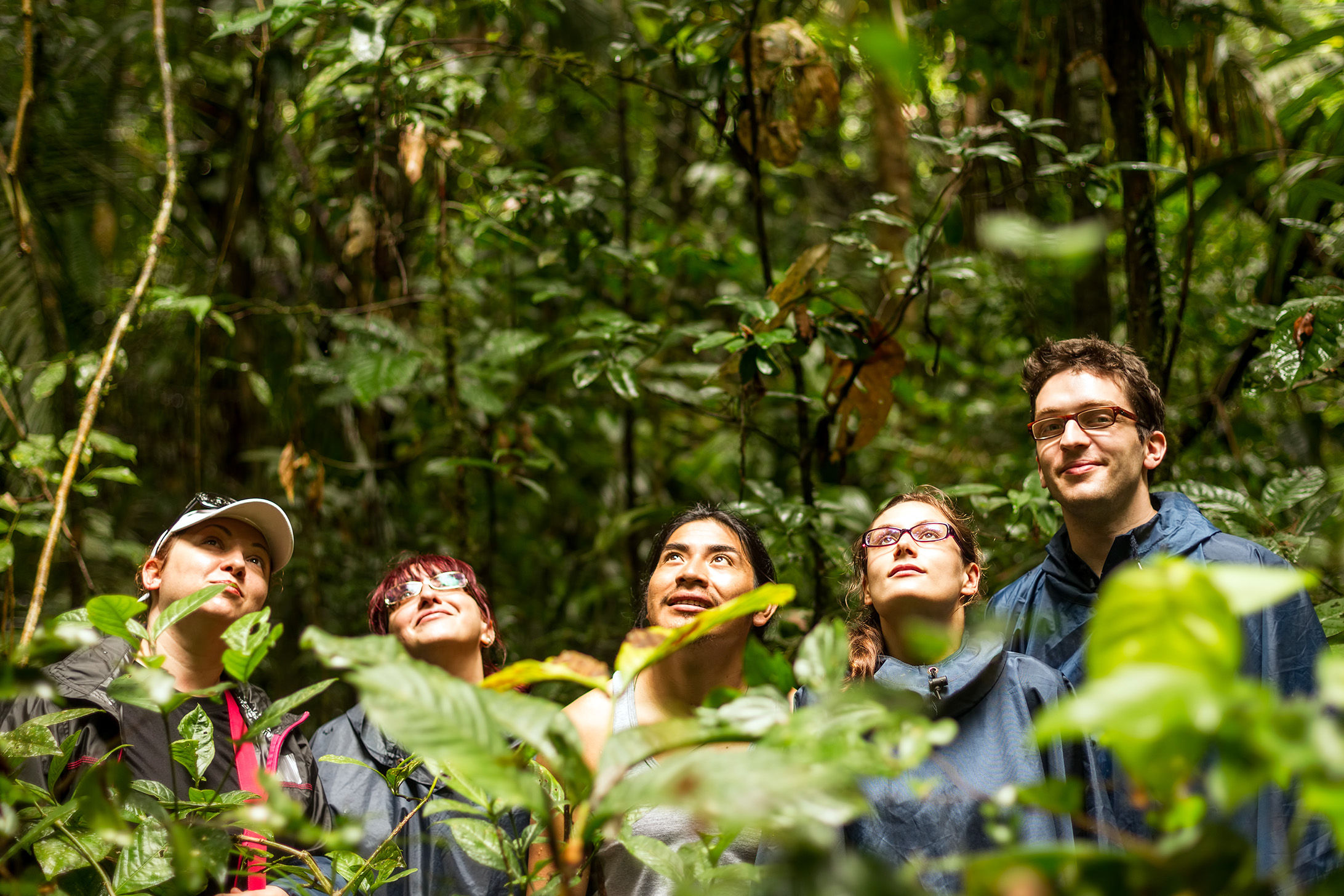 Naturalist guide with tourists in lush forest in Ecuador