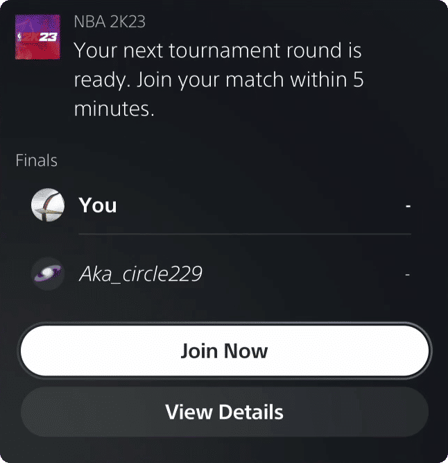 PS5 Tournaments Match Notification