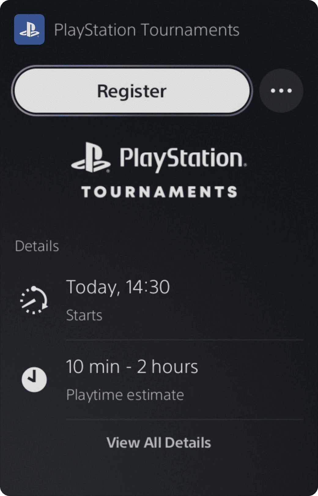 PS5 Tournaments card with button to register