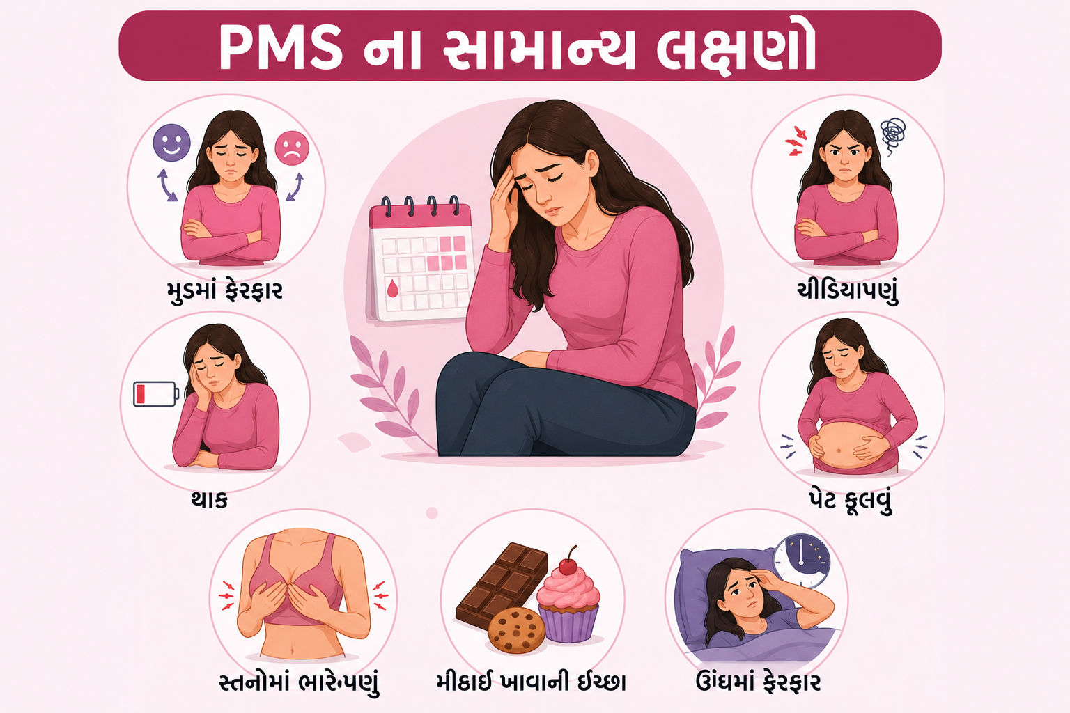 માસિક ધર્મ (Periods) માર્ગદર્શિકા – ( ભાગ 2) : માસિક અનિયમિત કેમ થાય છે? વધુ દુખાવો, PCOS, હોર્મોનલ ફેરફાર અને ક્યારે ડૉક્ટરને મળવું? 4 %E0%AA%AD%E0%AA%BE%E0%AA%97%202%20pms