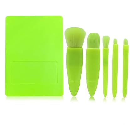 WADHWA 5Pcs Mini Travel Portable Makeup Brush Set Powder Foundation Cosmetic Tool With Mirror (Lime Green)