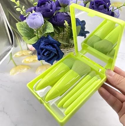 WADHWA 5Pcs Mini Travel Portable Makeup Brush Set Powder Foundation Cosmetic Tool With Mirror (Lime Green)