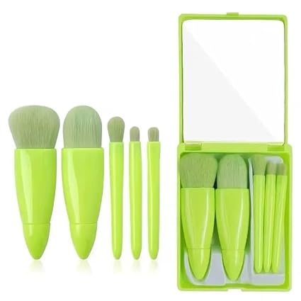 WADHWA 5Pcs Mini Travel Portable Makeup Brush Set Powder Foundation Cosmetic Tool With Mirror (Lime Green)