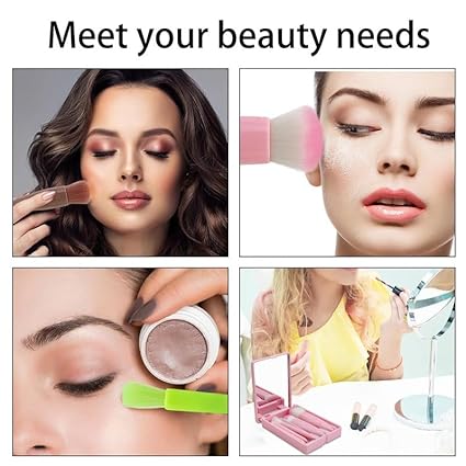 WADHWA 5Pcs Mini Travel Portable Makeup Brush Set Powder Foundation Cosmetic Tool With Mirror (Lime Green)