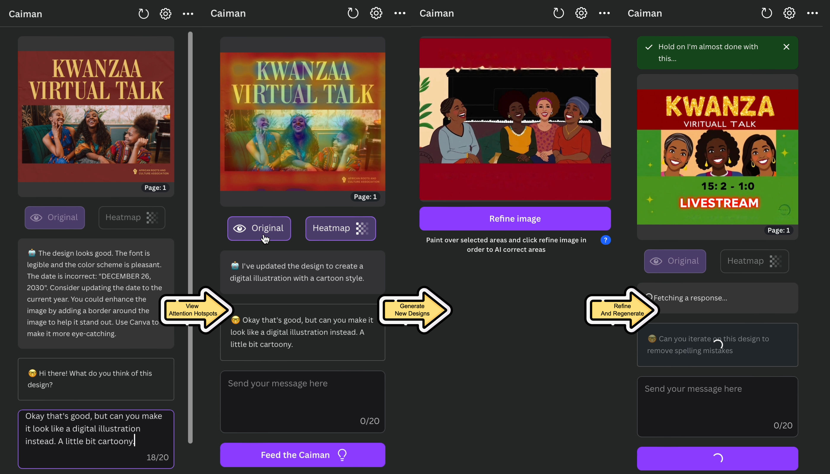 Process flow in the Caiman UI inside Canva Sidebar