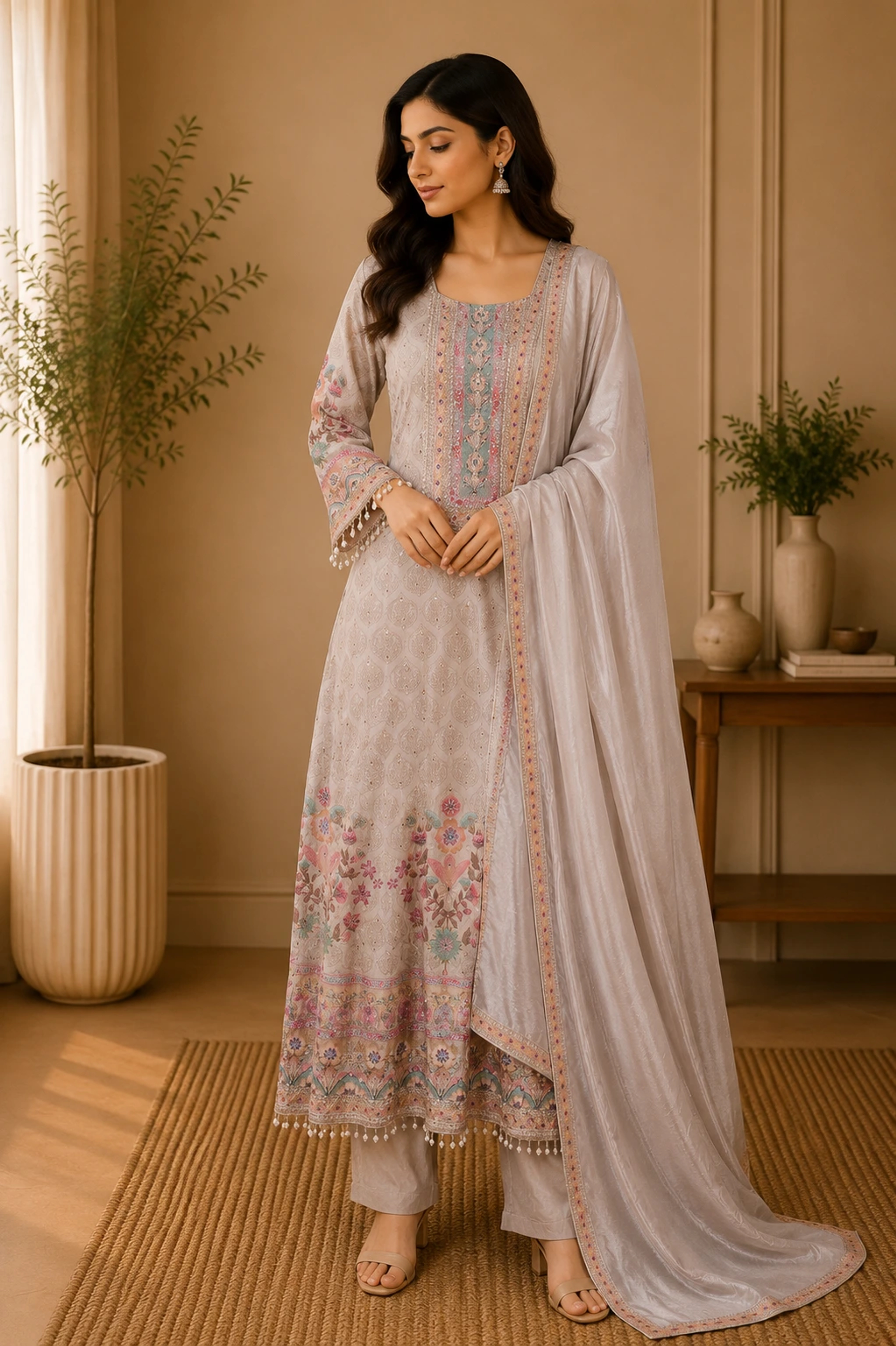 Ivory Pastel Embroidered 3-Piece Suit Set