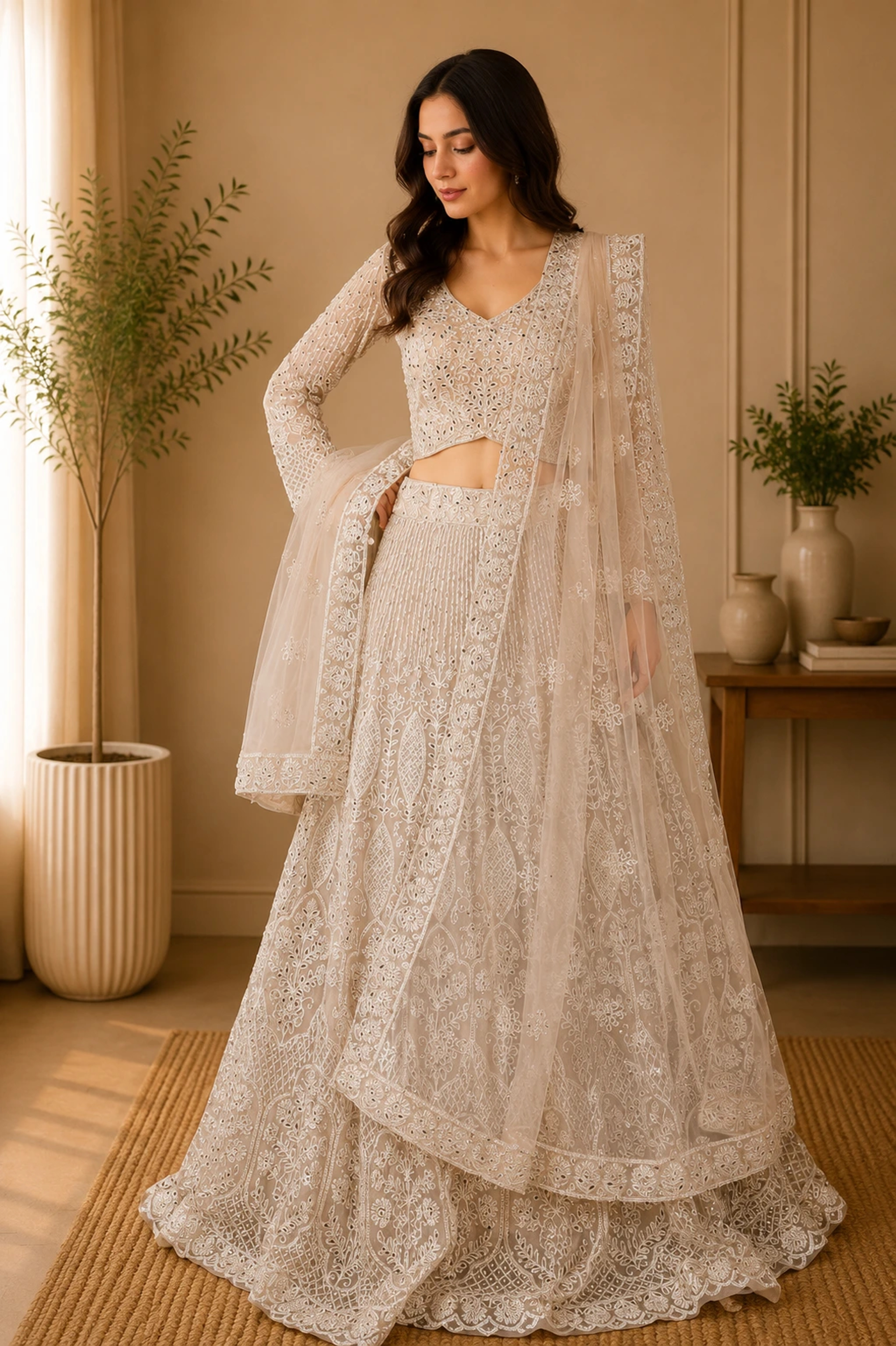 Ivory Pearl Embroidered Designer Lehenga Set