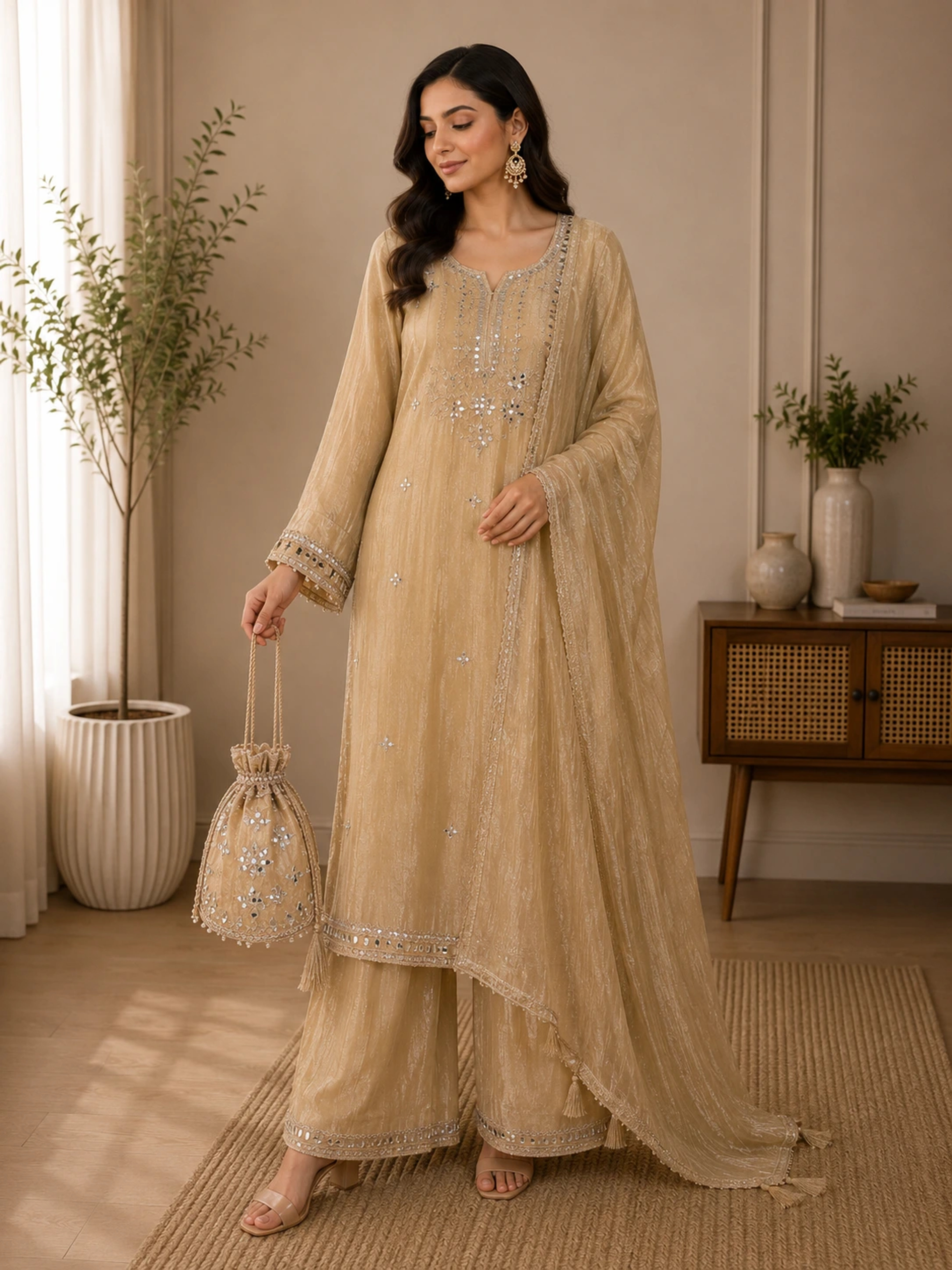 Embroidered 3-Piece Suit Set with Mirror Work thumbnail 1