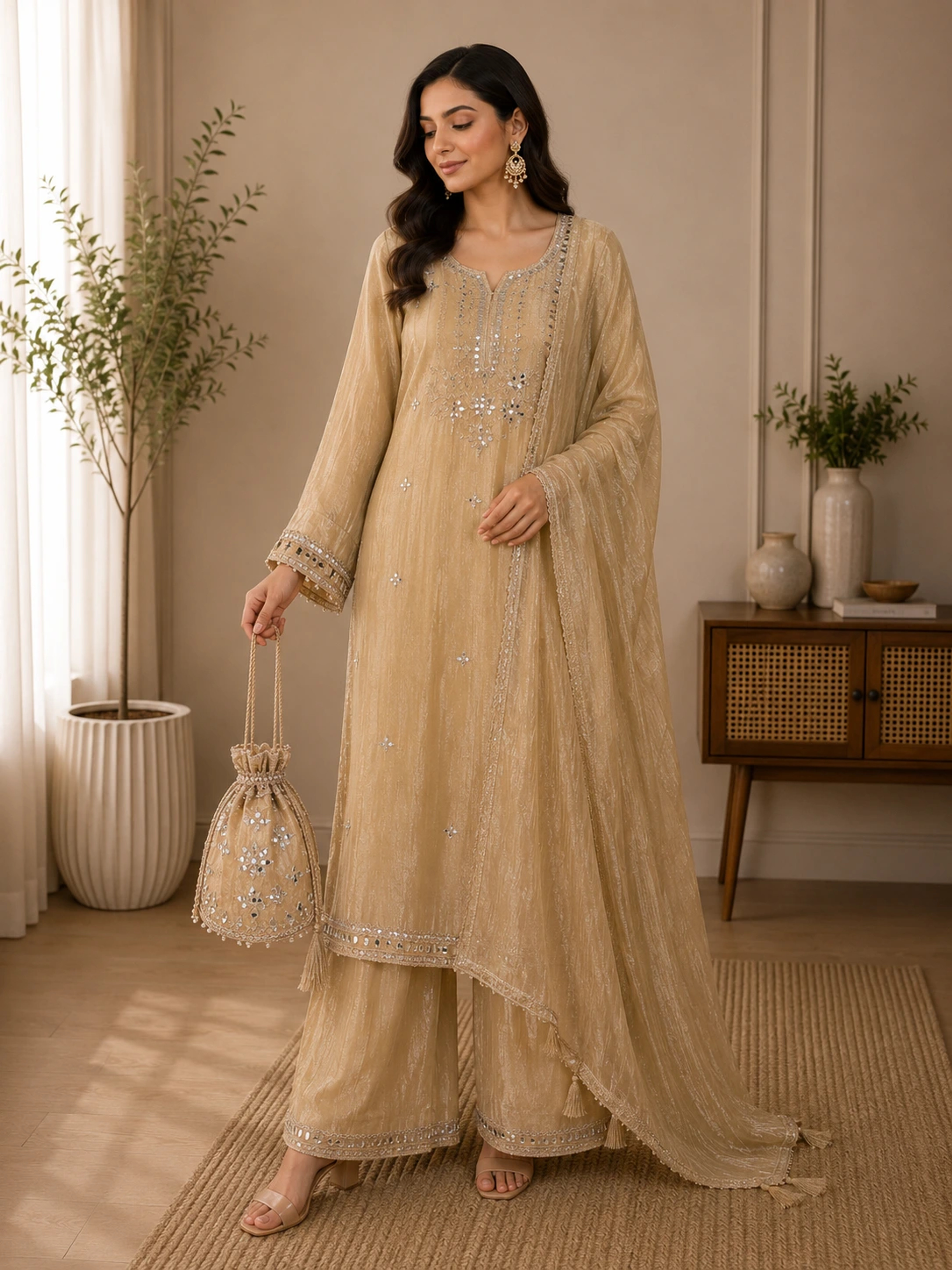 Embroidered 3-Piece Suit Set with Mirror Work