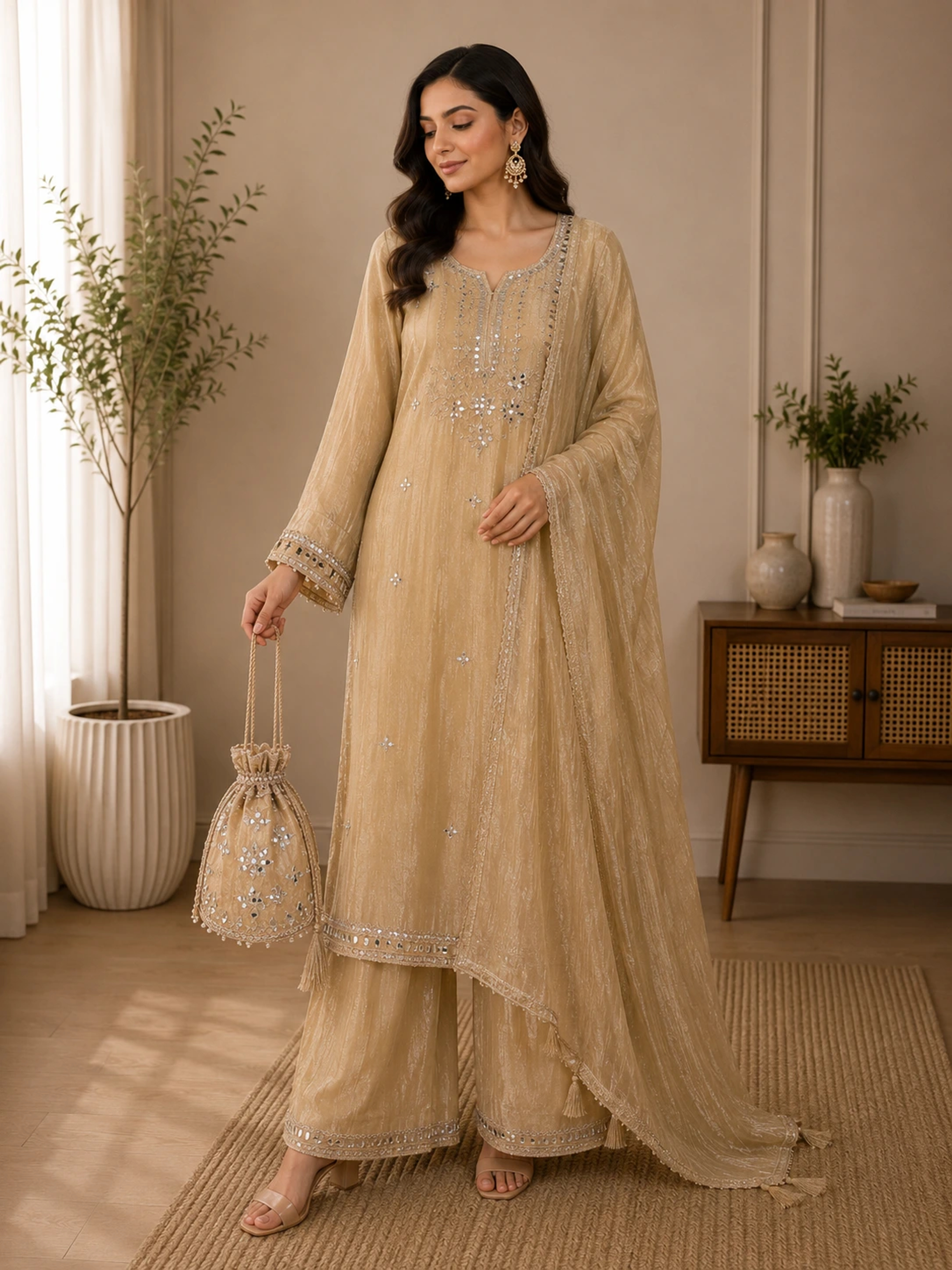 Embroidered 3-Piece Suit Set with Mirror Work