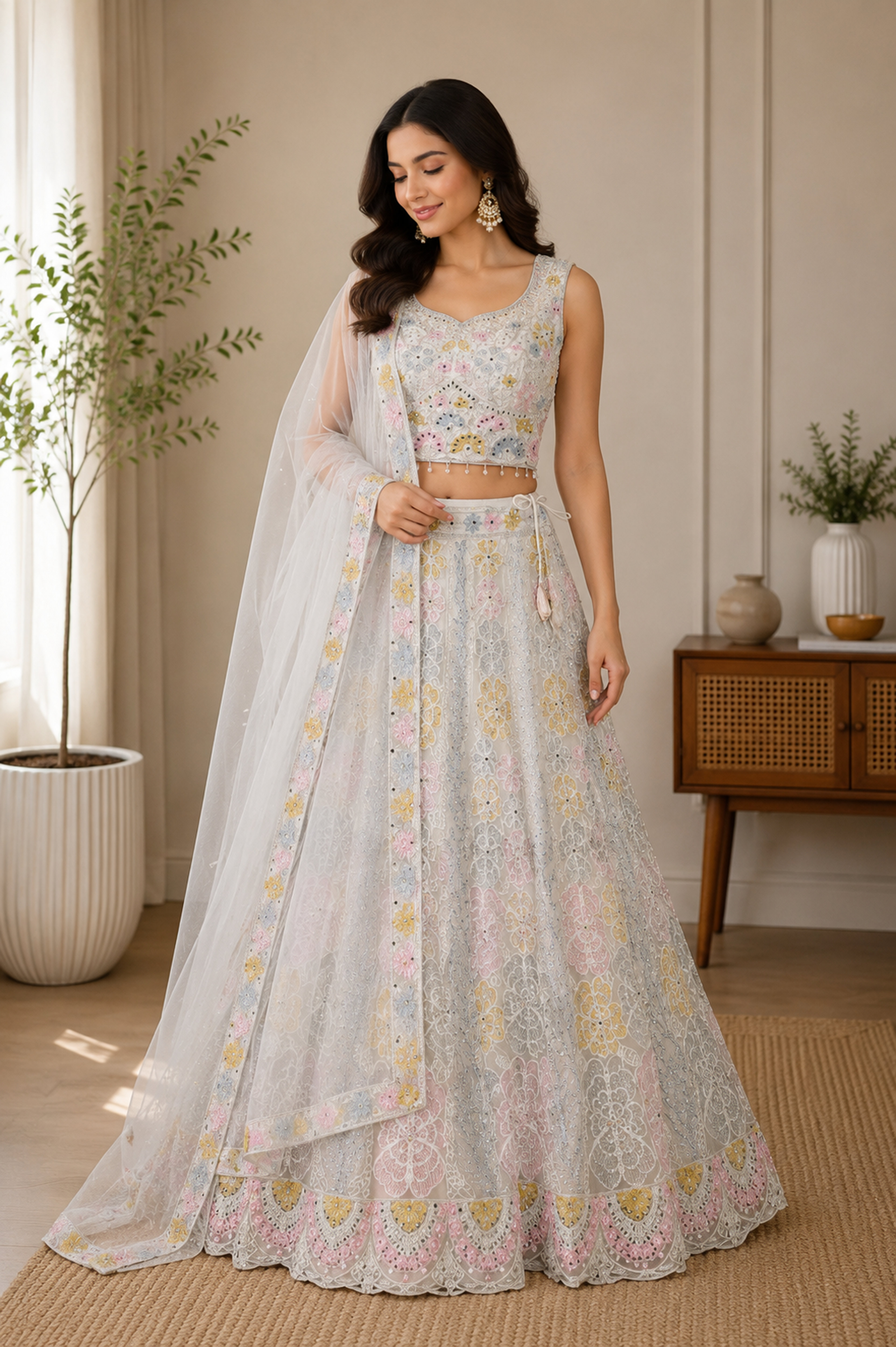 Pastel Bloom Embroidered Designer Lehenga Choli Set with Dupatta thumbnail 1