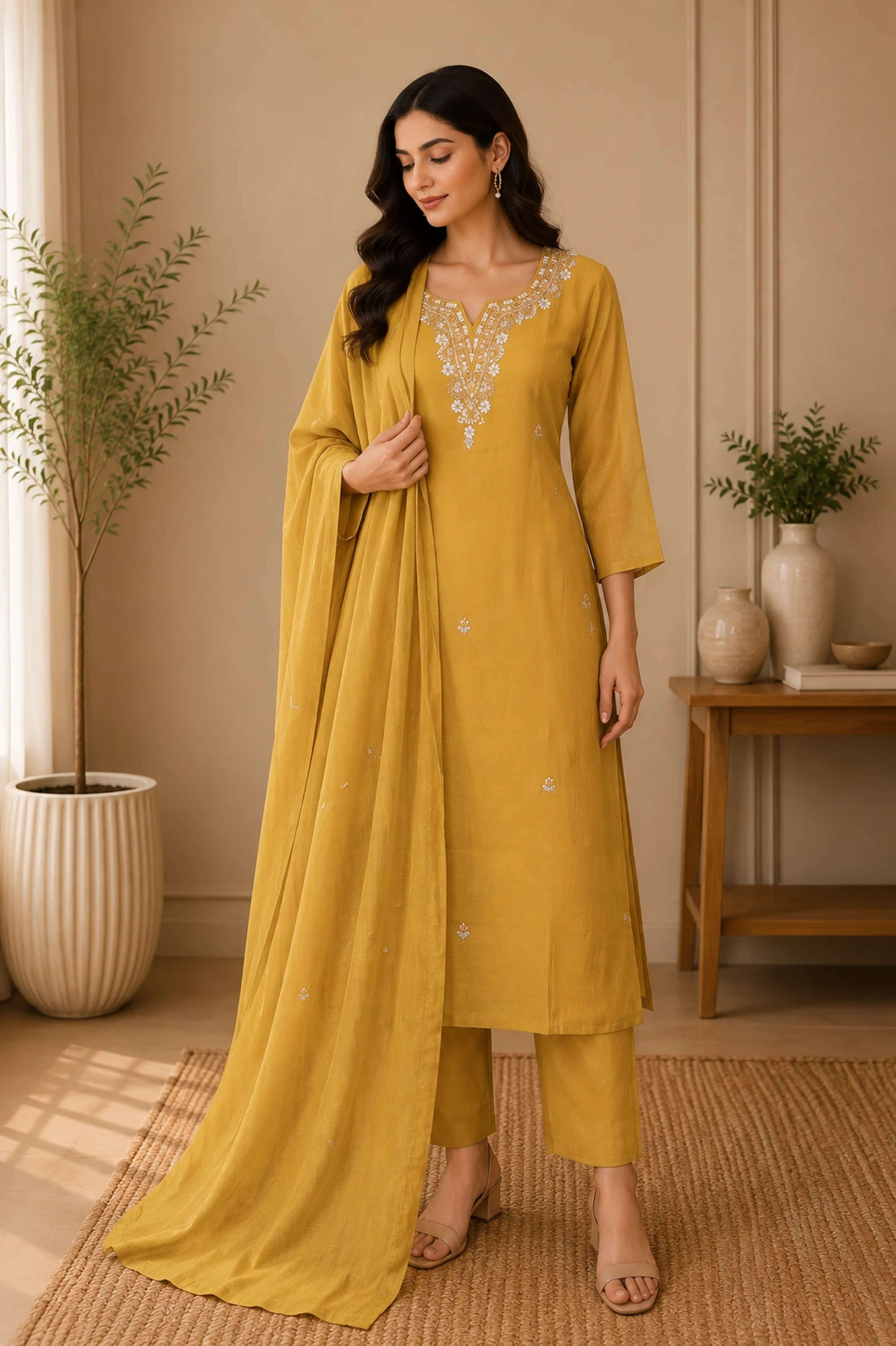 Mustard Bloom Cotton Straight Suit Set thumbnail 1