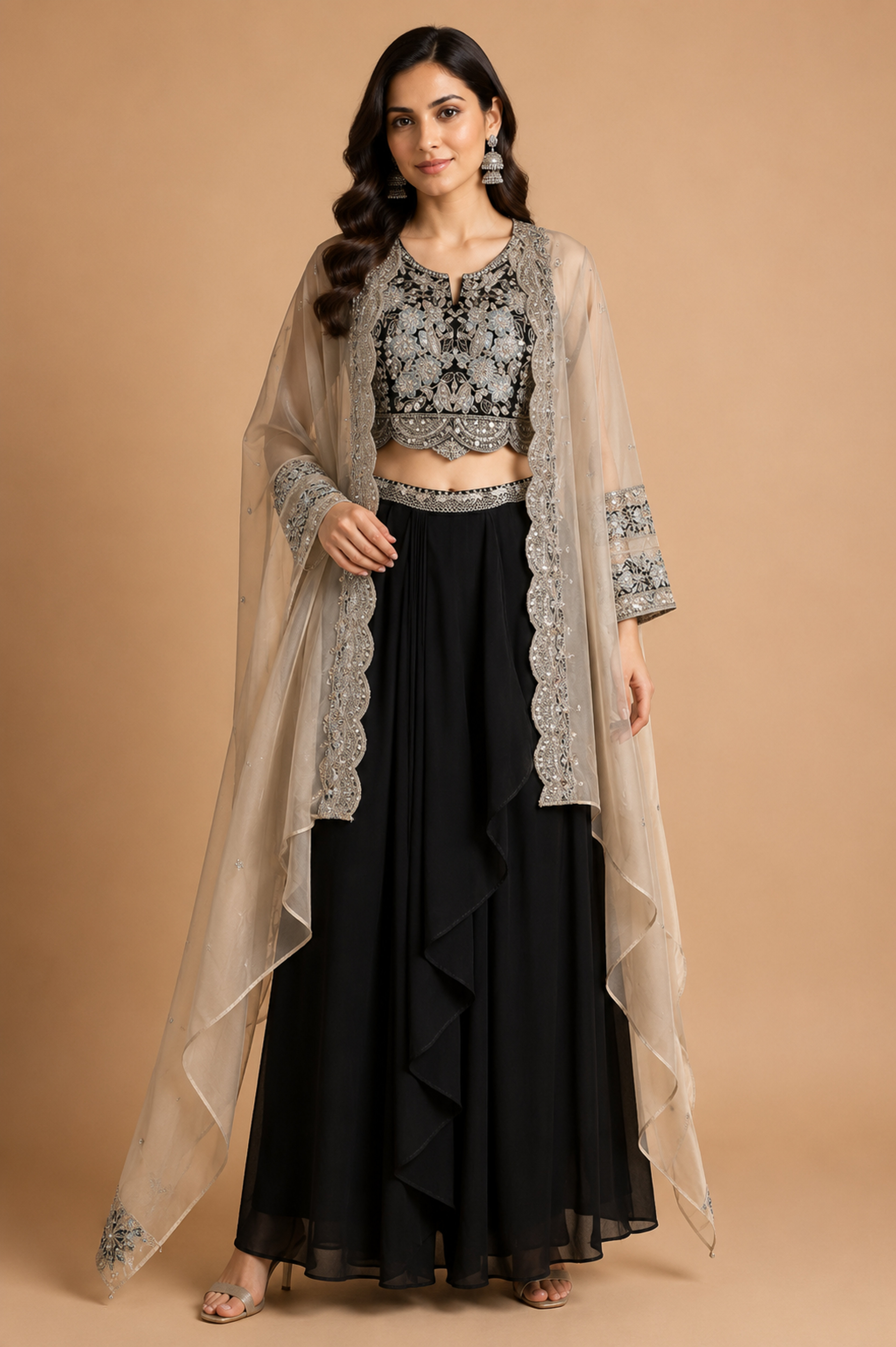 Midnight Elegance Embellished Cape Palazzo Set thumbnail 1
