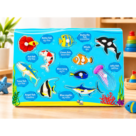 Wooden Fish Puzzle Board for Kids - Shape Matching Toy