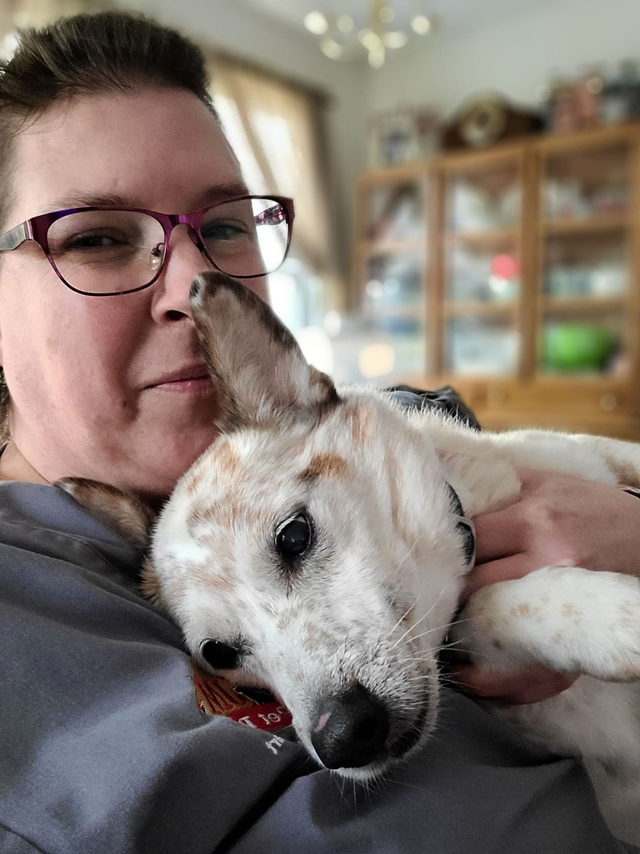 Woman cuddling with small mixed breed dog