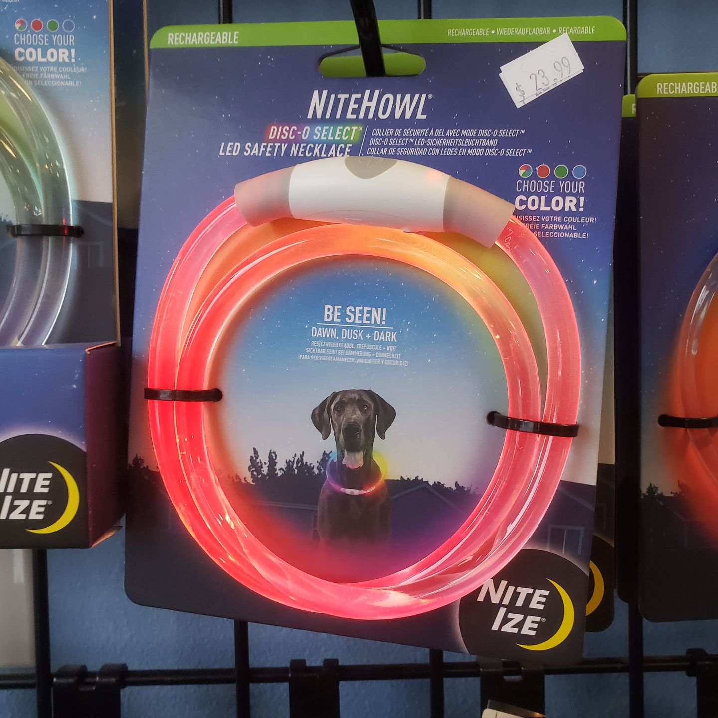 NiteHowl LED saftey necklace is available at Paws and Fins Pet shop Bainbridge Island