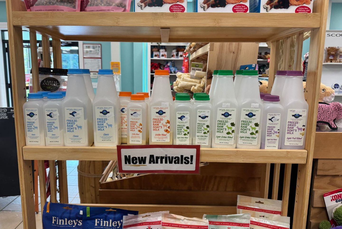 Shepherd Boy Farms Freeze Dried Goat Milk on display and available for purchase at JM Pet Resort.