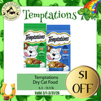 Image of March Sale - Temptations Dry Cat Food 6.3-13.5 lb $1 OFF Promotion in Beverly Hills