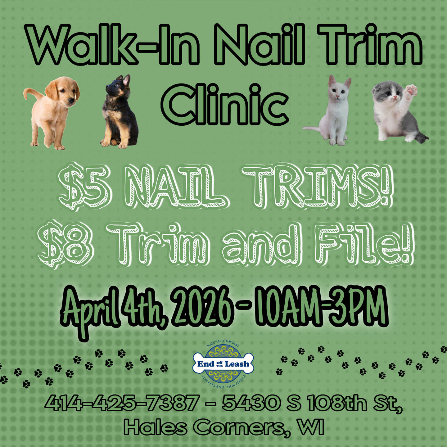 Image of Local Pet Event Walk-In Nail Clinic - HALES CORNERS! Nearby