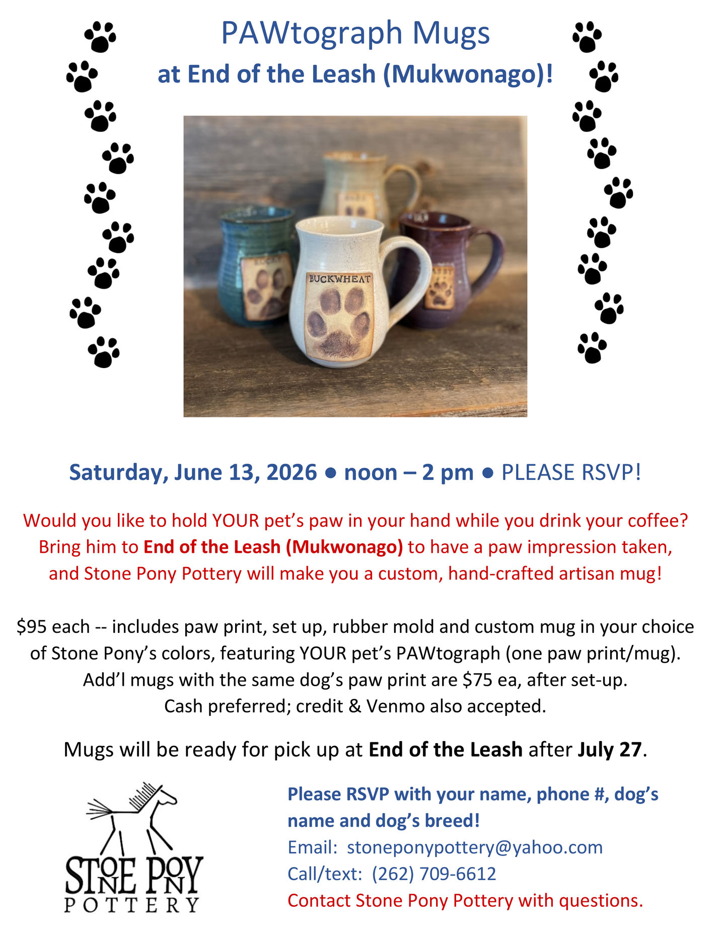 Image of Local Pet Event Pawtigraph Mugs with Stone Pony Pottery - MUKWONAGO Nearby