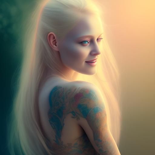 AI-generated image a beautiful blond woman wearing tattoos smiling, in the style of thiago valdi, light white and light amber, 8k resolution, ary scheffer, uhd image, reylia slaby, vibrant coloration –v 5.1