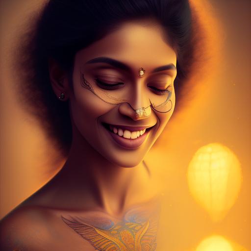 AI-generated image a beautiful sri lankan woman wearing tattoos smiling, in the style of thiago valdi, light white and light amber, 8k resolution, ary scheffer, uhd image, reylia slaby, vibrant coloration –v 5.1