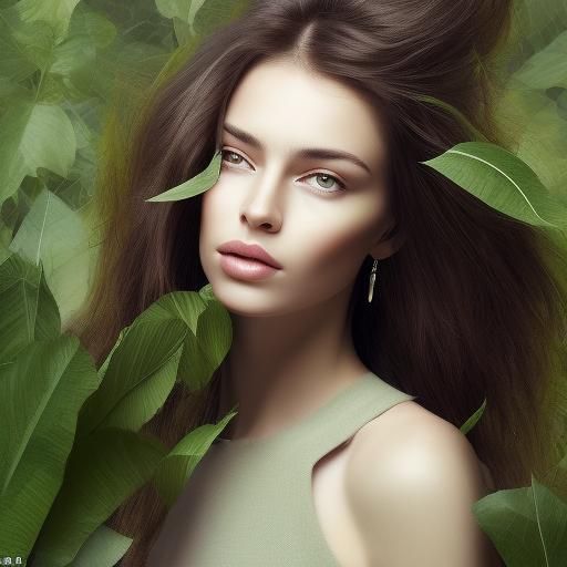 AI-generated image A model woman poses with her hair loose among the tall leaves