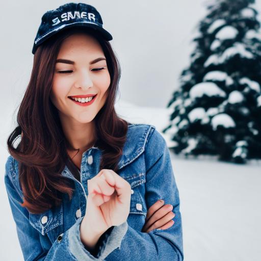 AI-generated image female sanding on glassier snow ball in hands smiling facing camera full pose wearing jeans long hair with cap