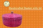 Avnii Organics Hand Woven Round Shaped Basket Moonj GrassSea Grass Basket with Lid Used as Casserole to Serve ChapatiCan Also be Used to Keep Jewellery Or Dry Fruits (Color-Red)(#1163) - Getkraft.com