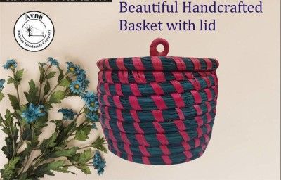 Weavers Beautiful Handmade Round Shaped Moonj Sea Grass Small Multi-Utility Storage Basket with Lid Used for Multi Storage(Red Combination)(#1165)-gallery-0