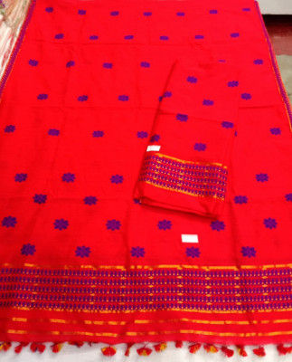 Assamese Staple Cotton Orange Mekhela Chador P5(#1405)-gallery-0