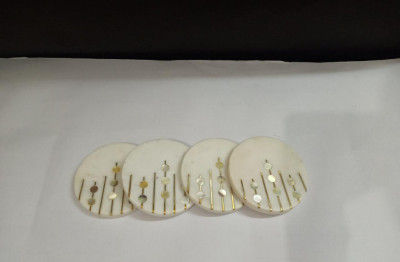 Unique Handicrafts White Marble Mix Brass Mother of Pearls Inlay Coaster Set of 4 pcs Round Shape Customize Marble Work by Vidhi Enterprises (White)(#1628)-gallery-0