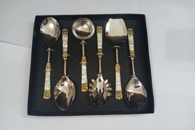 Unique Handicrafts Designer Stainless Steel Brass MOP (Mother of Pearl) 6 Piece Stainless Steel and Brass Serving Spoon Set (Silver and Ivory) S6 ((Silver and Ivory))(#1632)-gallery-0