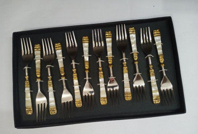 Unique Handicrafts Stainless Steel Brass MOP (Mother of Pearl) 12 pcs Forks Cutlery Set (White) - 12 Pcs ((Silver and Ivory))(#1636)-gallery-0