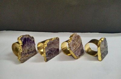 Unique Handicrafts Natural Agate Stone Gold Foiled Edges Napkin Rings Natural Shape Table Decor Housewarming Gift Set of 4-2 to 25 inch (Amethyst with Golden Ring)(#1637)-gallery-0