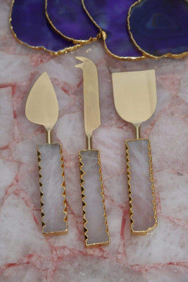 Unique Handicrafts Brass and Semi Precious Stone Agate Cheese Cutlery Length 23 cm (Pack-9)(#1643)-gallery-0